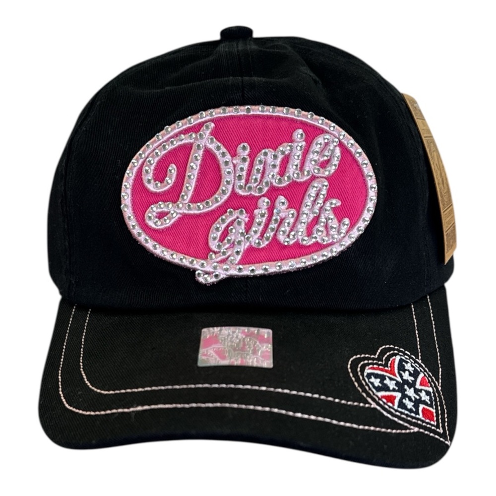 Y2K Rhinestone Dixie Girls Black Pink Adjustable Baseball Cap Hat